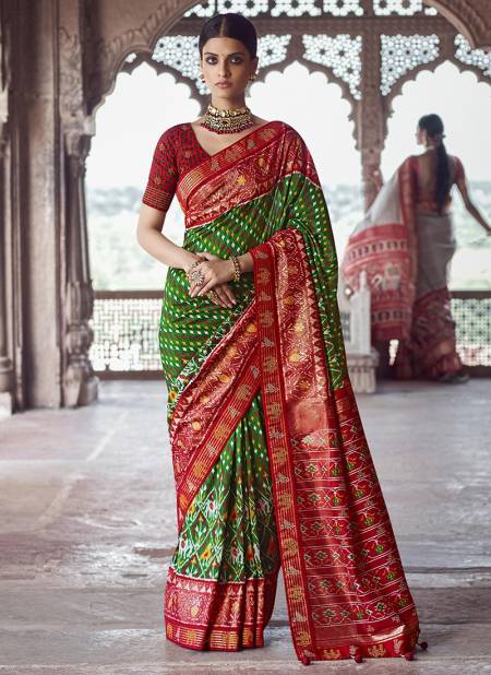 Red And Green Colour BK Rewaa Patola Silk Wedding Wear Hand Printed With Heavy Jacquard Border and swarovski work Saree Collection 113
